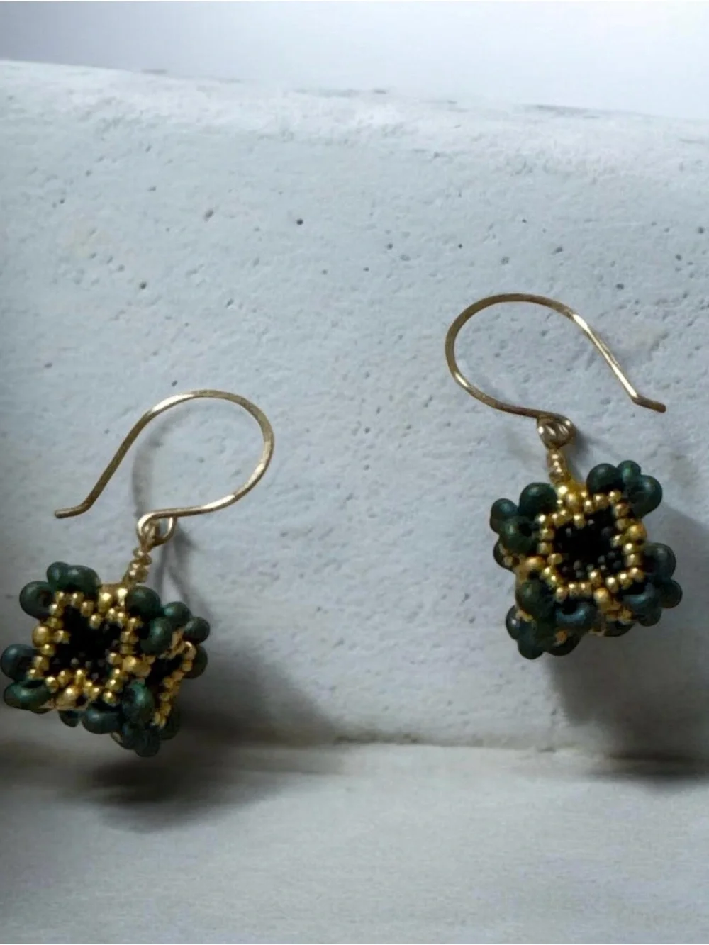 Handmade Gold and Green Beaded Flower Drop Earrings